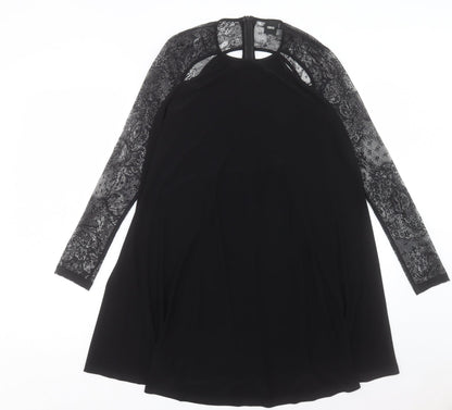 ASOS Womens Black Polyester A-Line Size 10 Crew Neck Zip - Lace Sleeve Detail