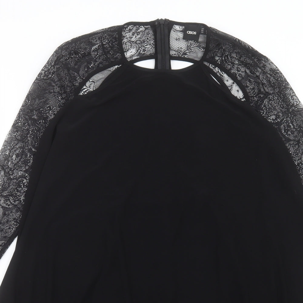 ASOS Womens Black Polyester A-Line Size 10 Crew Neck Zip - Lace Sleeve Detail