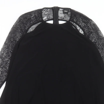 ASOS Womens Black Polyester A-Line Size 10 Crew Neck Zip - Lace Sleeve Detail
