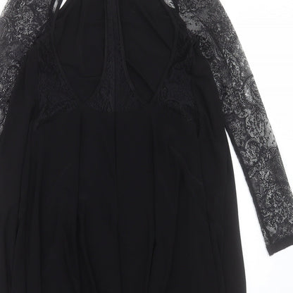 ASOS Womens Black Polyester A-Line Size 10 Crew Neck Zip - Lace Sleeve Detail