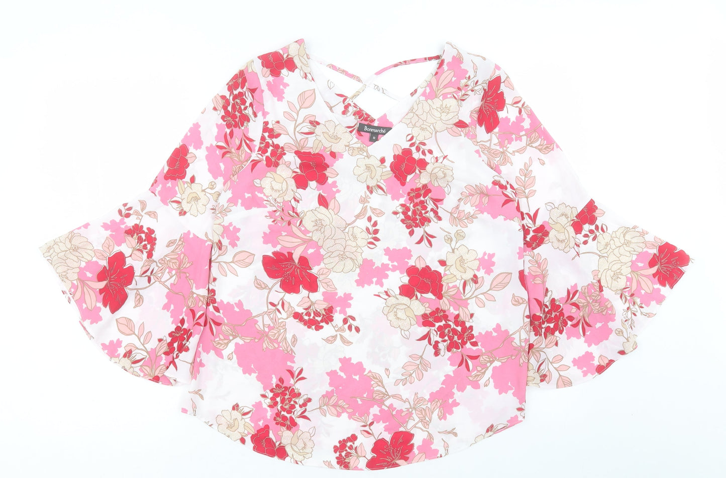 Bonmarché Womens Pink Floral Polyester Basic Blouse Size 10 V-Neck