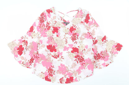 Bonmarché Womens Pink Floral Polyester Basic Blouse Size 10 V-Neck