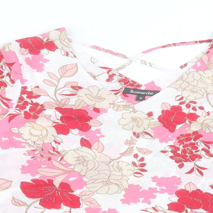 Bonmarché Womens Pink Floral Polyester Basic Blouse Size 10 V-Neck