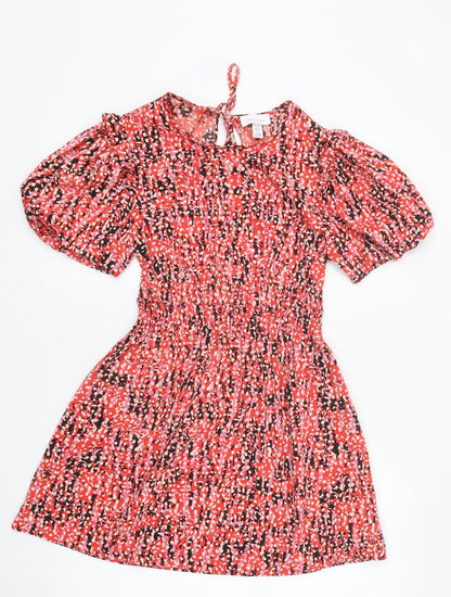 Topshop Womens Red Geometric Polyester Skater Dress Size 6 Round Neck Tie