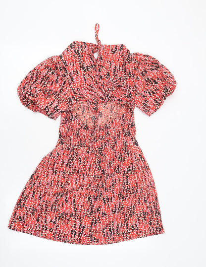 Topshop Womens Red Geometric Polyester Skater Dress Size 6 Round Neck Tie