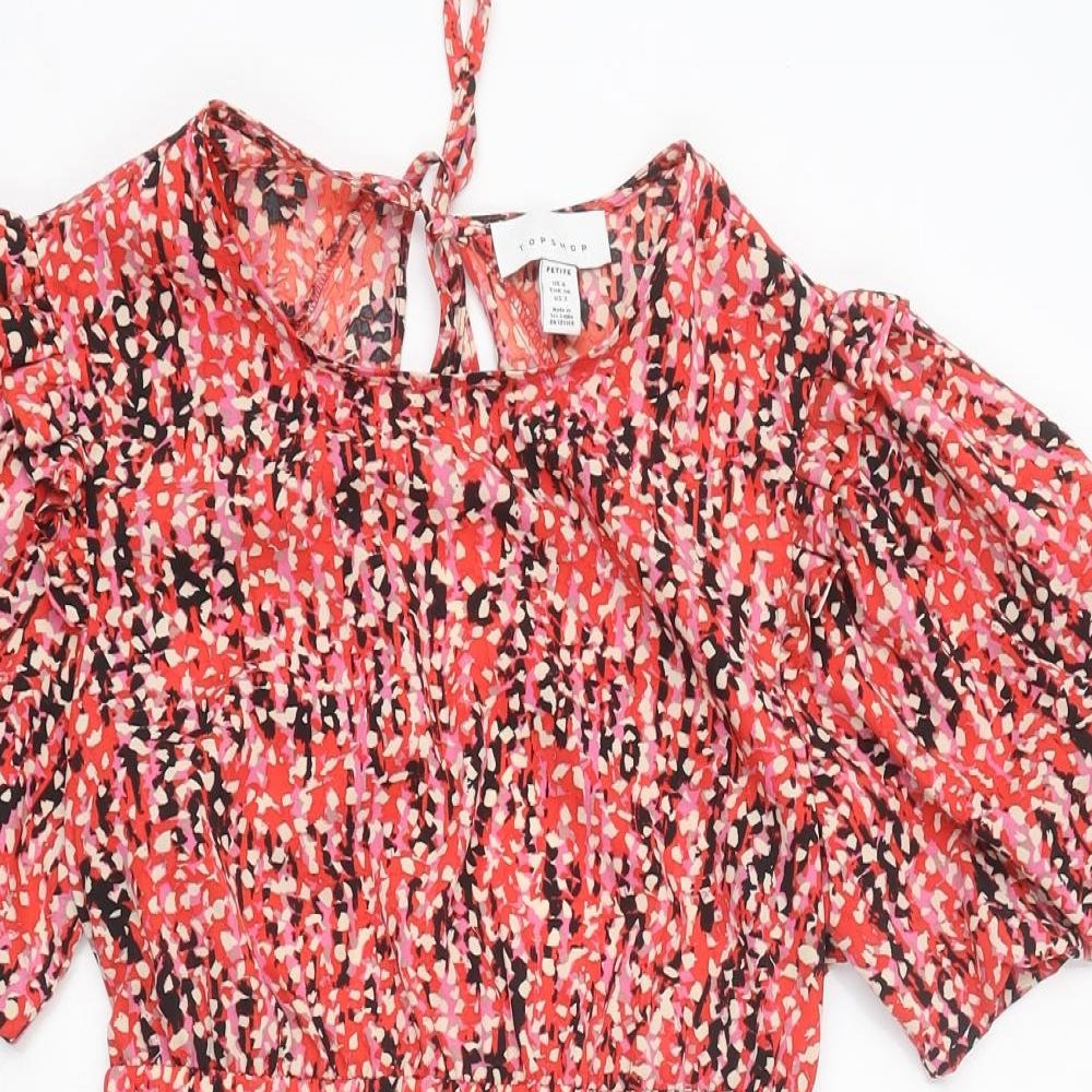 Topshop Womens Red Geometric Polyester Skater Dress Size 6 Round Neck Tie