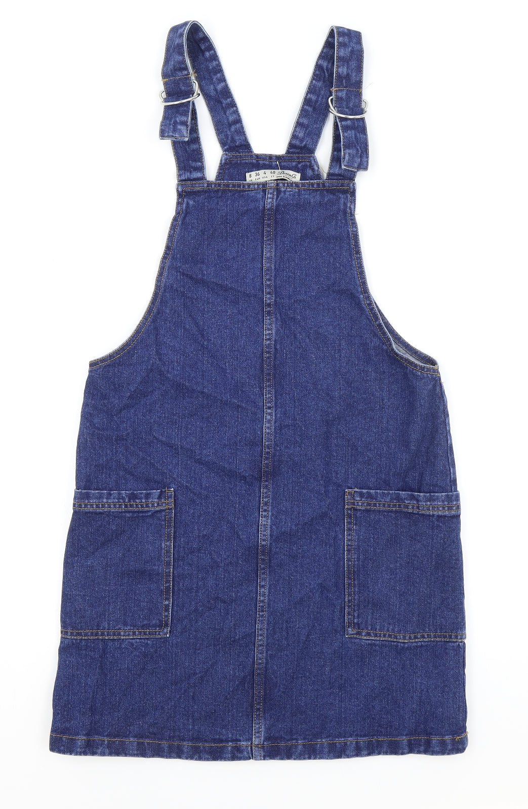 Primark Womens Blue Cotton Pinafore/Dungaree Dress Size 8 Square Neck Buckle