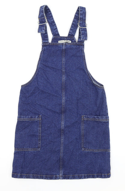 Primark Womens Blue Cotton Pinafore/Dungaree Dress Size 8 Square Neck Buckle