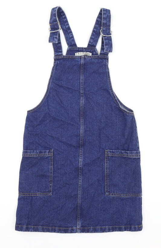 Primark Womens Blue Cotton Pinafore/Dungaree Dress Size 8 Square Neck Buckle