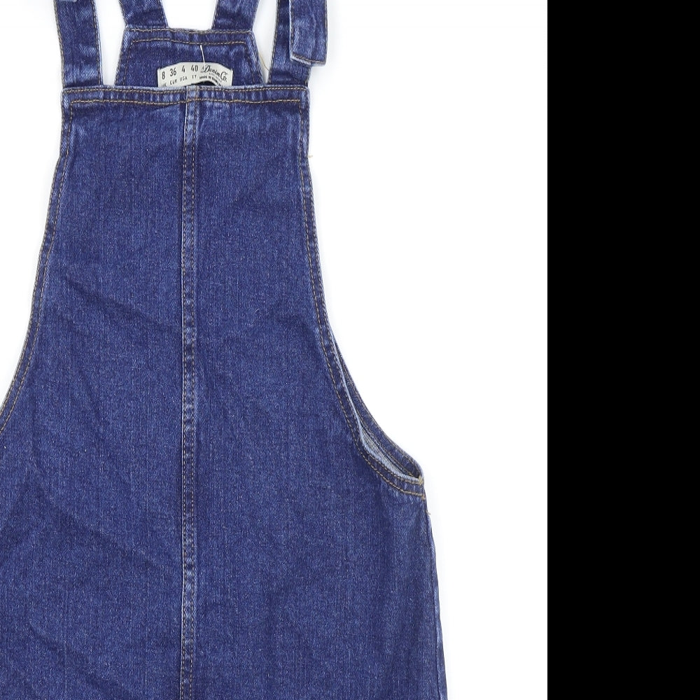 Primark Womens Blue Cotton Pinafore/Dungaree Dress Size 8 Square Neck Buckle