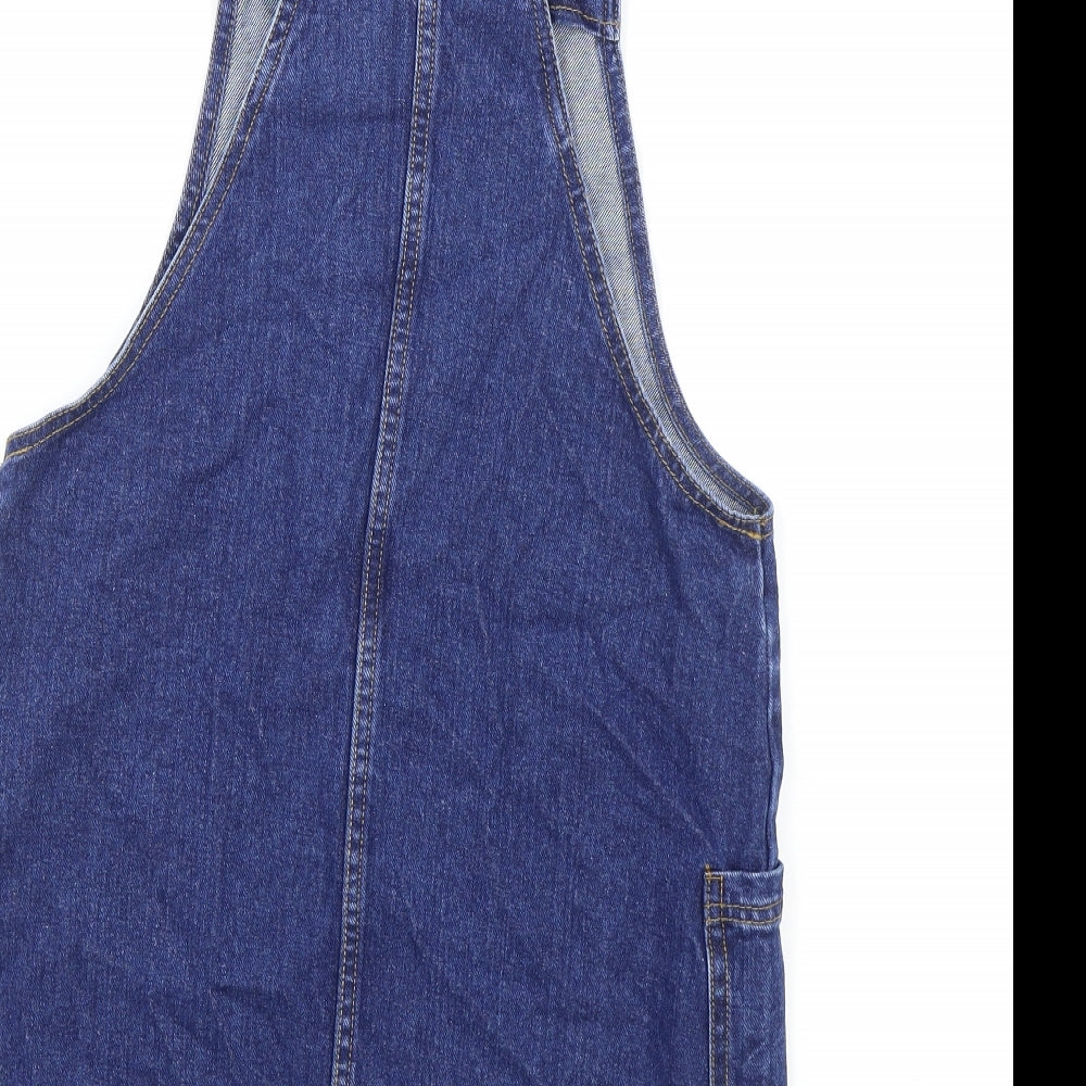 Primark Womens Blue Cotton Pinafore/Dungaree Dress Size 8 Square Neck Buckle