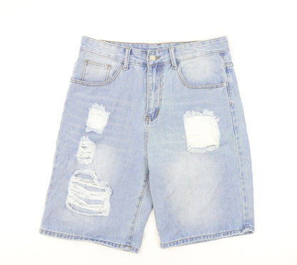 SheIn Mens Blue Cotton Bermuda Shorts Size S L9 in Regular Zip - Distressed