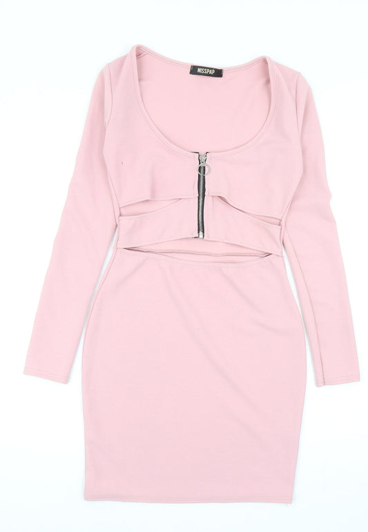 Misspap Womens Pink Polyester Bodycon Size 8 Scoop Neck Zip
