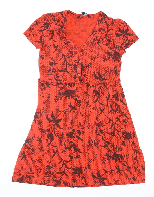 French Connection Womens Red Geometric Viscose A-Line Size 8 V-Neck Button