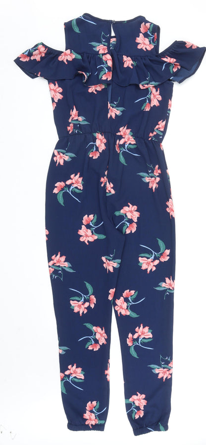 Primark Girls Blue Floral Polyester Jumpsuit One-Piece Size 13-14 Years L28 in Button - Cold Shoulder