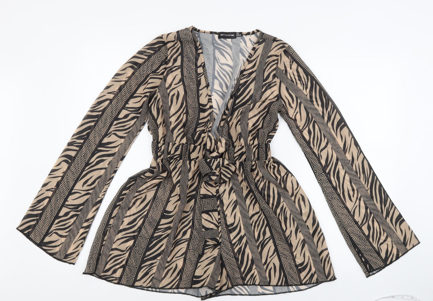 PRETTYLITTLETHING Womens Beige Animal Print 100% Polyester Playsuit One-Piece Size 8 L3 in Tie - Tiger Print