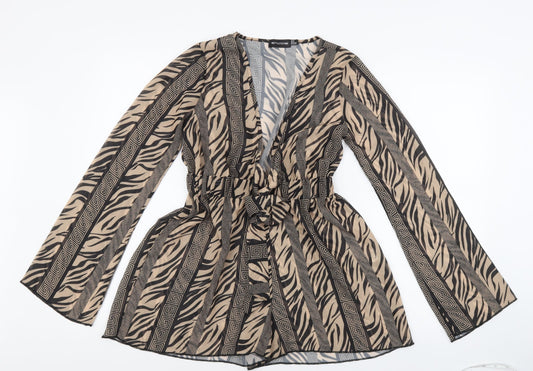 PRETTYLITTLETHING Womens Beige Animal Print 100% Polyester Playsuit One-Piece Size 8 L3 in Tie - Tiger Print