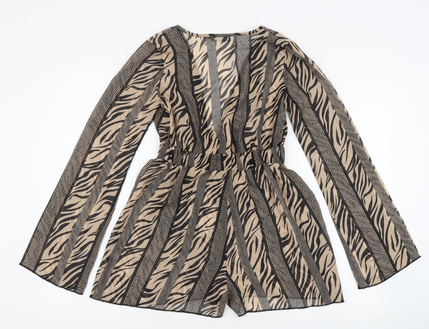 PRETTYLITTLETHING Womens Beige Animal Print 100% Polyester Playsuit One-Piece Size 8 L3 in Tie - Tiger Print