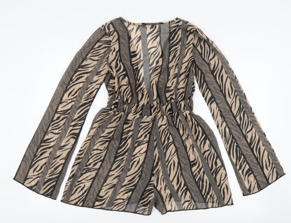 PRETTYLITTLETHING Womens Beige Animal Print 100% Polyester Playsuit One-Piece Size 8 L3 in Tie - Tiger Print