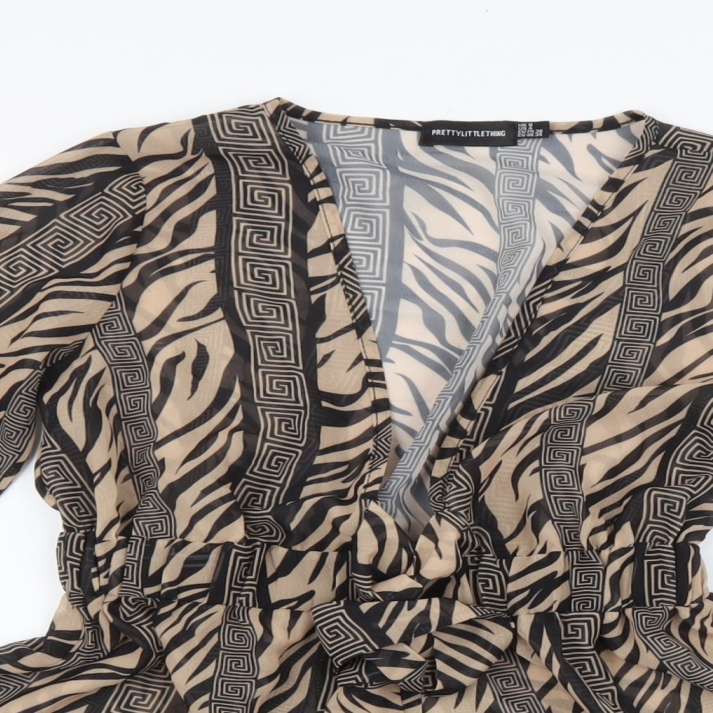 PRETTYLITTLETHING Womens Beige Animal Print 100% Polyester Playsuit One-Piece Size 8 L3 in Tie - Tiger Print