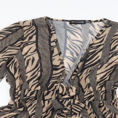 PRETTYLITTLETHING Womens Beige Animal Print 100% Polyester Playsuit One-Piece Size 8 L3 in Tie - Tiger Print