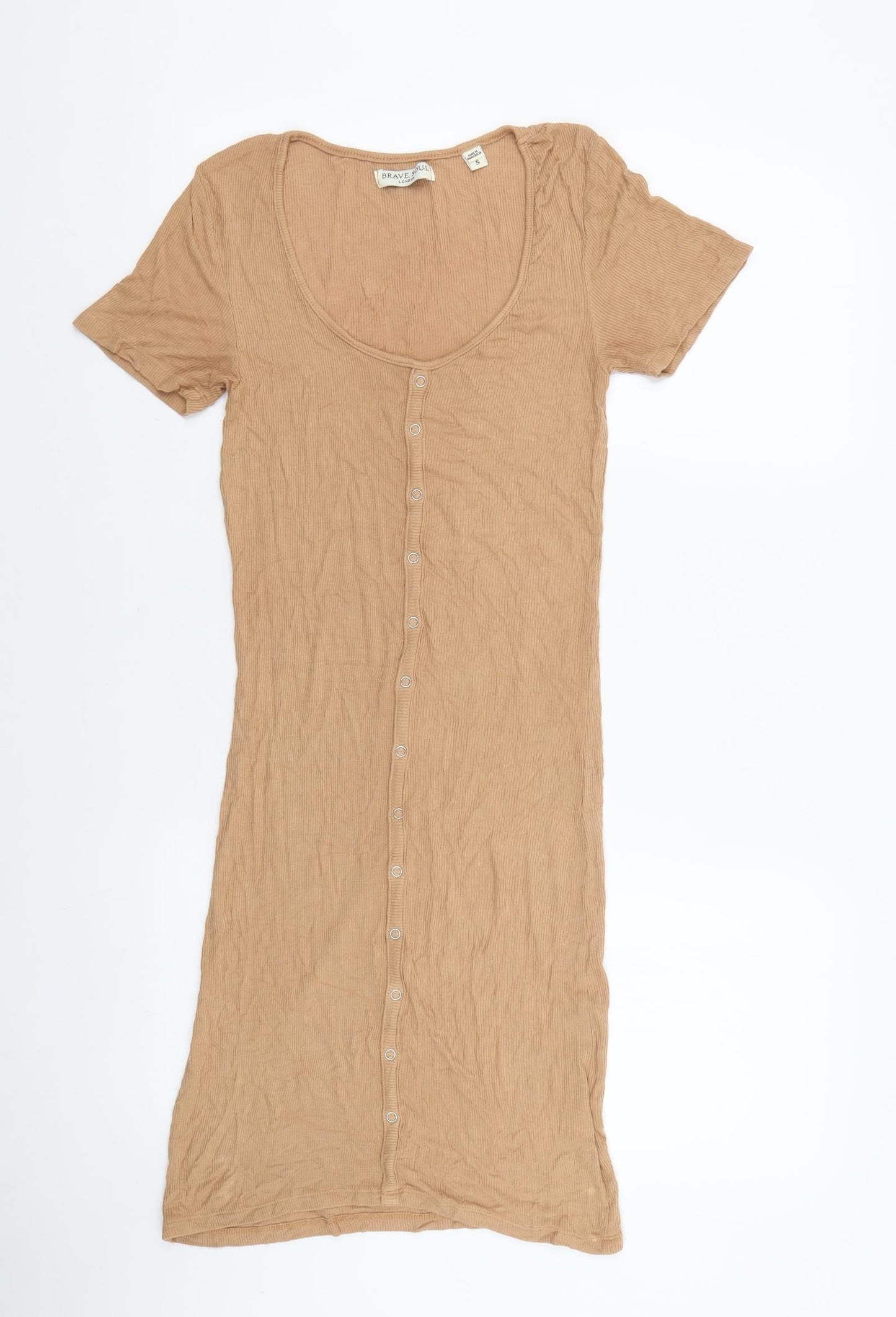 Brave Soul Womens Brown Viscose Bodycon Size S Round Neck Button