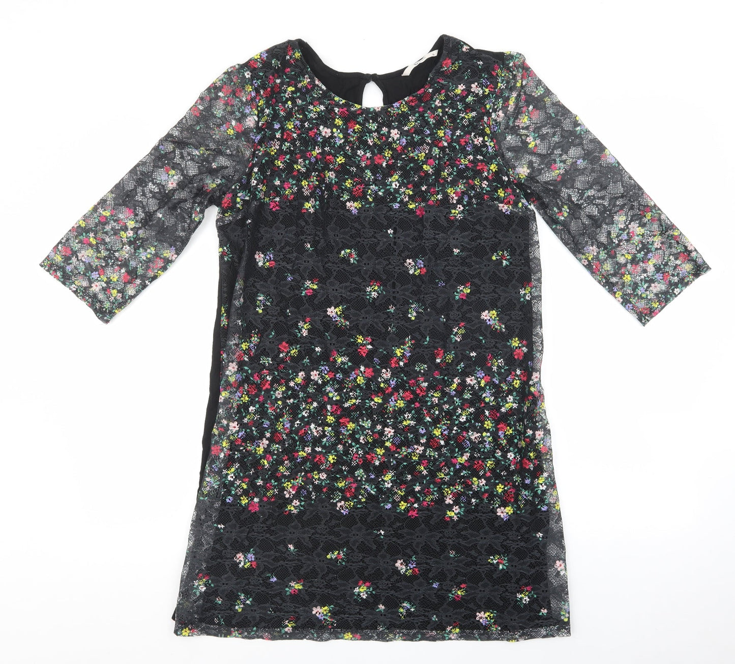 TU Woman Womens Black Floral Viscose T-Shirt Dress Size 12 Round Neck Button - Lace Overlay