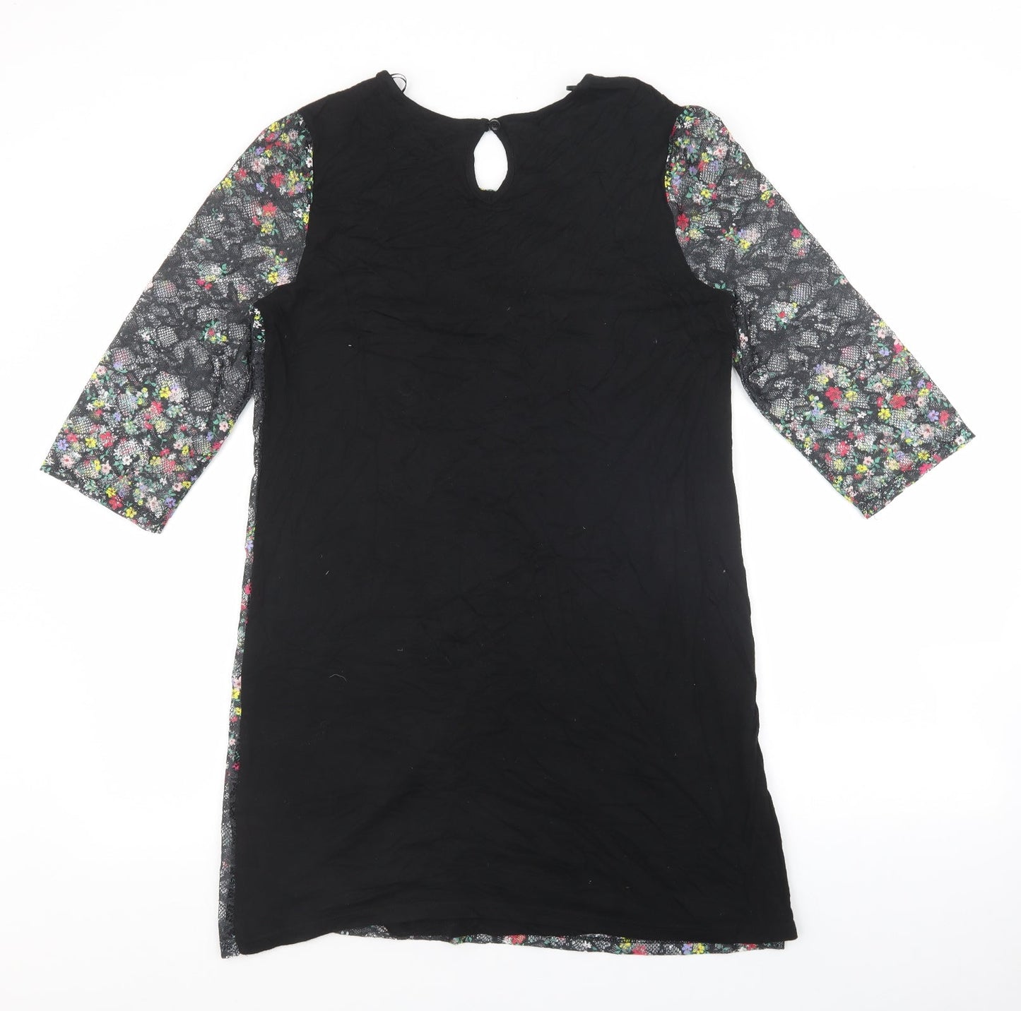 TU Woman Womens Black Floral Viscose T-Shirt Dress Size 12 Round Neck Button - Lace Overlay