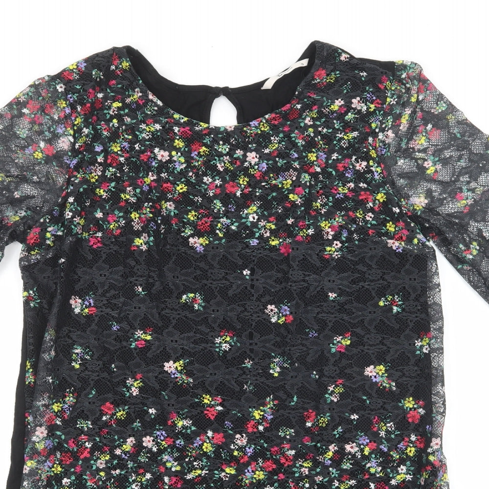 TU Woman Womens Black Floral Viscose T-Shirt Dress Size 12 Round Neck Button - Lace Overlay