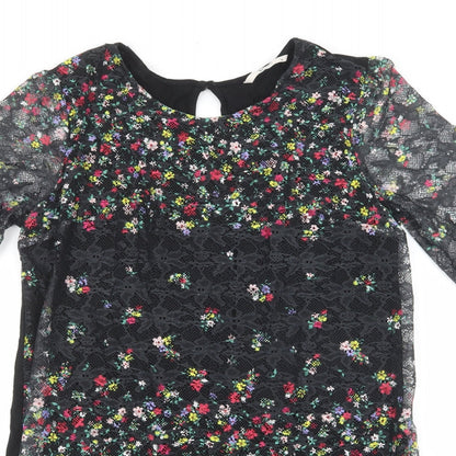 TU Woman Womens Black Floral Viscose T-Shirt Dress Size 12 Round Neck Button - Lace Overlay