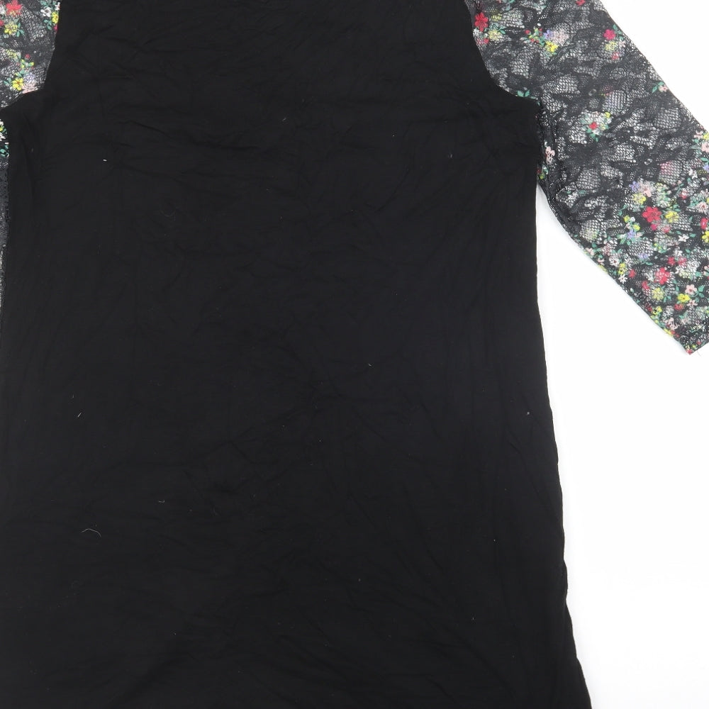 TU Woman Womens Black Floral Viscose T-Shirt Dress Size 12 Round Neck Button - Lace Overlay