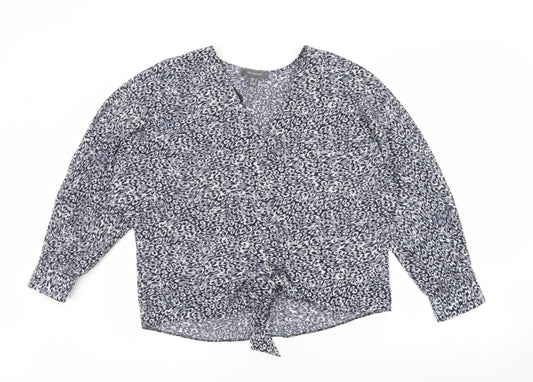 Primark Womens Blue Geometric Polyester Basic Blouse Size 10 V-Neck - Navy blue and white pattern