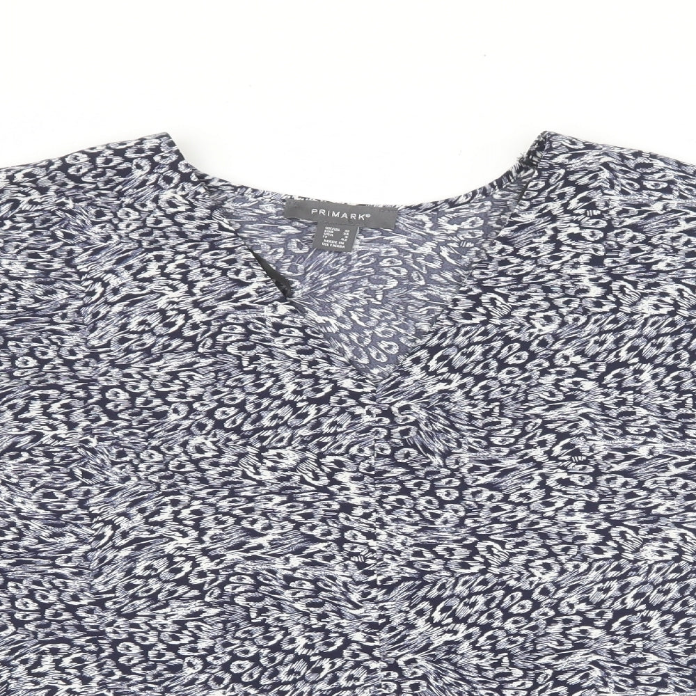 Primark Womens Blue Geometric Polyester Basic Blouse Size 10 V-Neck - Navy blue and white pattern