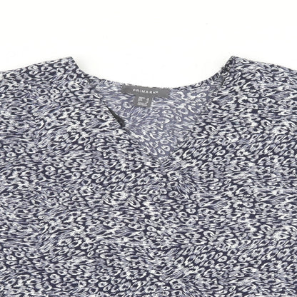 Primark Womens Blue Geometric Polyester Basic Blouse Size 10 V-Neck - Navy blue and white pattern