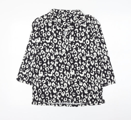 TU Womens Black Animal Print Modacrylic Basic Blouse Size 10 Collared - Leopard Print