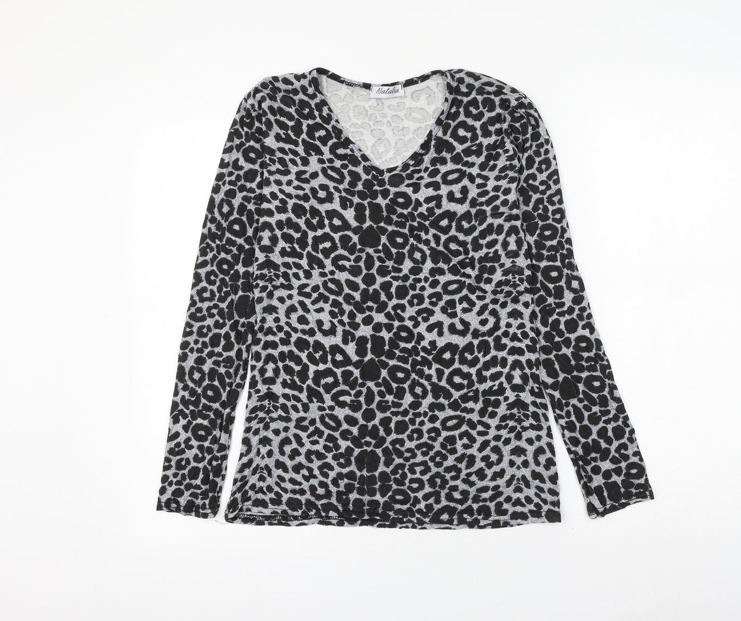 Natalia Womens Grey Animal Print Viscose Basic T-Shirt Size M V-Neck - Leopard Print Size M/L