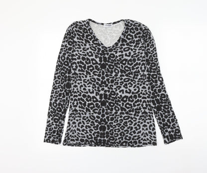 Natalia Womens Grey Animal Print Viscose Basic T-Shirt Size M V-Neck - Leopard Print Size M/L