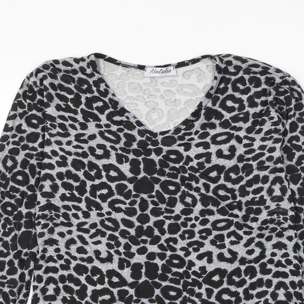 Natalia Womens Grey Animal Print Viscose Basic T-Shirt Size M V-Neck - Leopard Print Size M/L