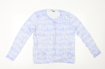 DASH Womens Blue Round Neck Geometric Ramie Cardigan Jumper Size 14