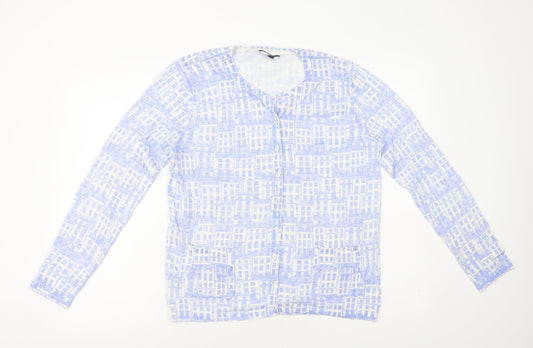 DASH Womens Blue Round Neck Geometric Ramie Cardigan Jumper Size 14
