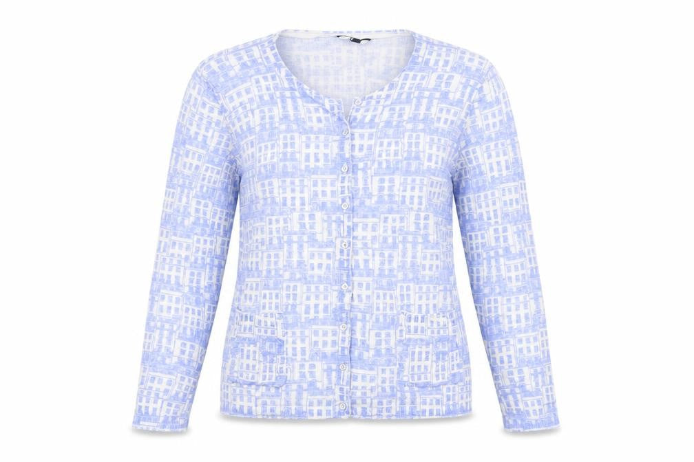 Dash Womens Blue Round Neck Geometric Ramie Cardigan Jumper Size 14