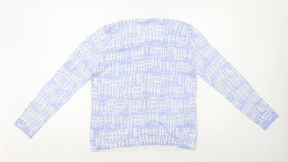 DASH Womens Blue Round Neck Geometric Ramie Cardigan Jumper Size 14