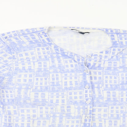 DASH Womens Blue Round Neck Geometric Ramie Cardigan Jumper Size 14