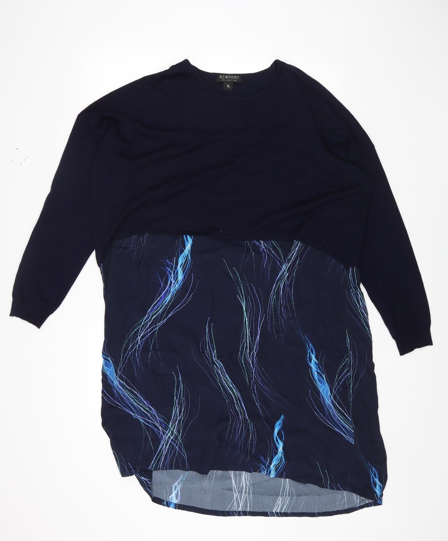 Newport Womens Blue Geometric Viscose A-Line Size XL Round Neck Pullover