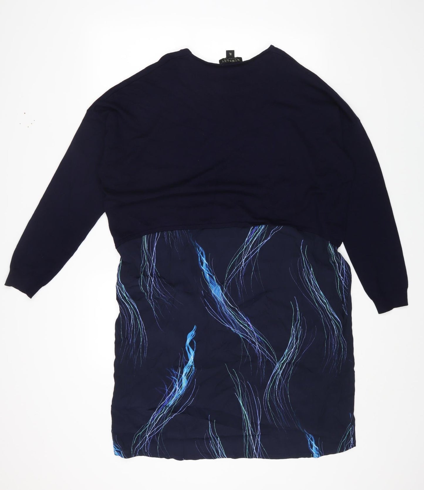 Newport Womens Blue Geometric Viscose A-Line Size XL Round Neck Pullover