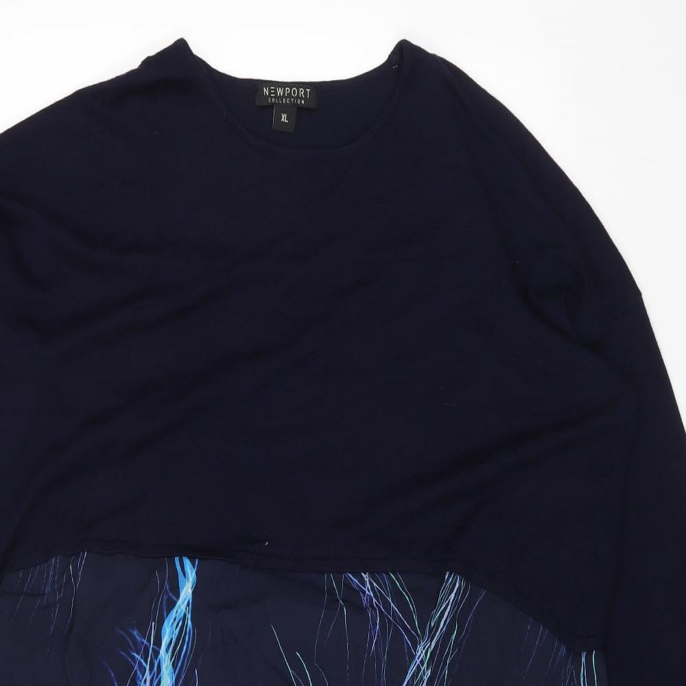 Newport Womens Blue Geometric Viscose A-Line Size XL Round Neck Pullover