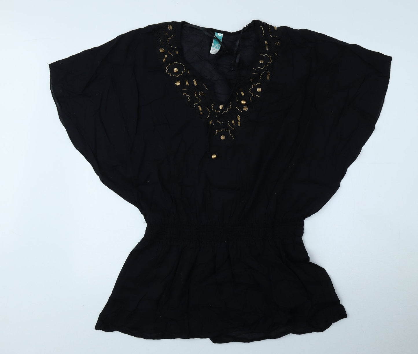 Womens UK Size 10 Ocean Club Black Kimono Blouse