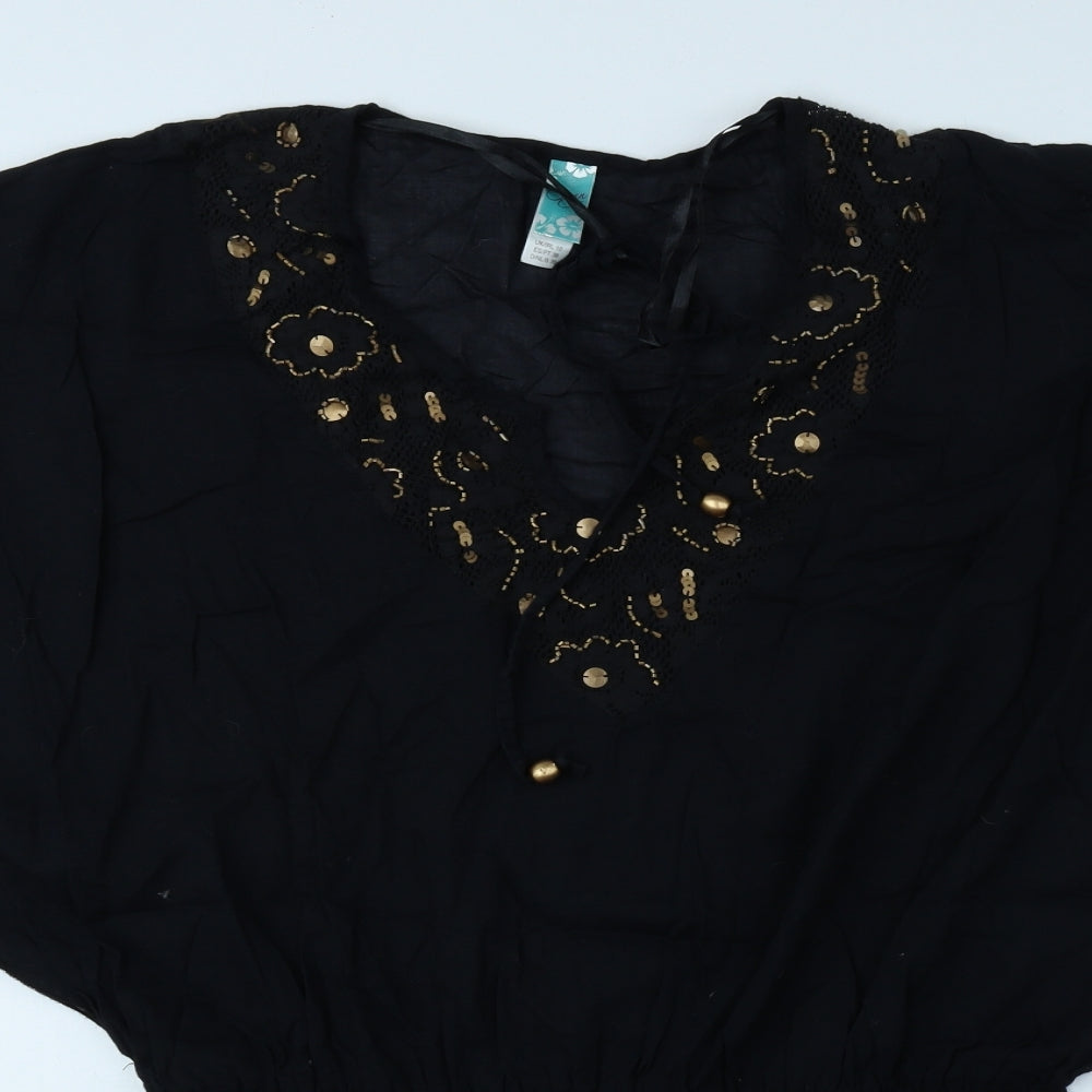 Womens UK Size 10 Ocean Club Black Kimono Blouse