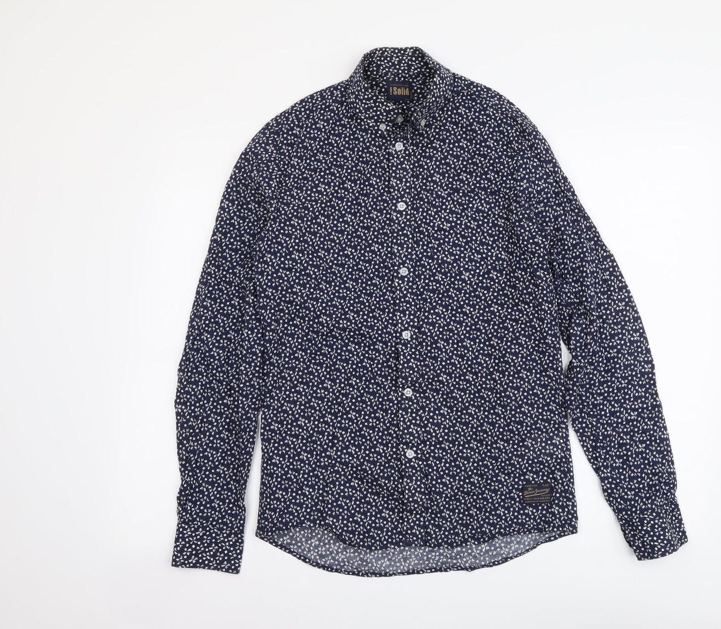 Solid Womens Blue Geometric Cotton Basic Button-Up Size S Collared
