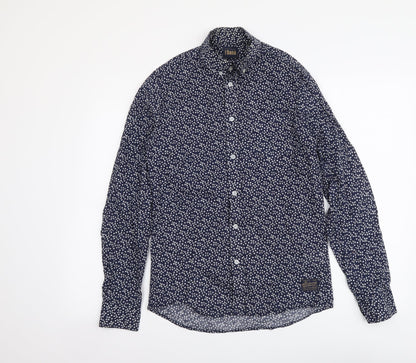 Solid Womens Blue Geometric Cotton Basic Button-Up Size S Collared